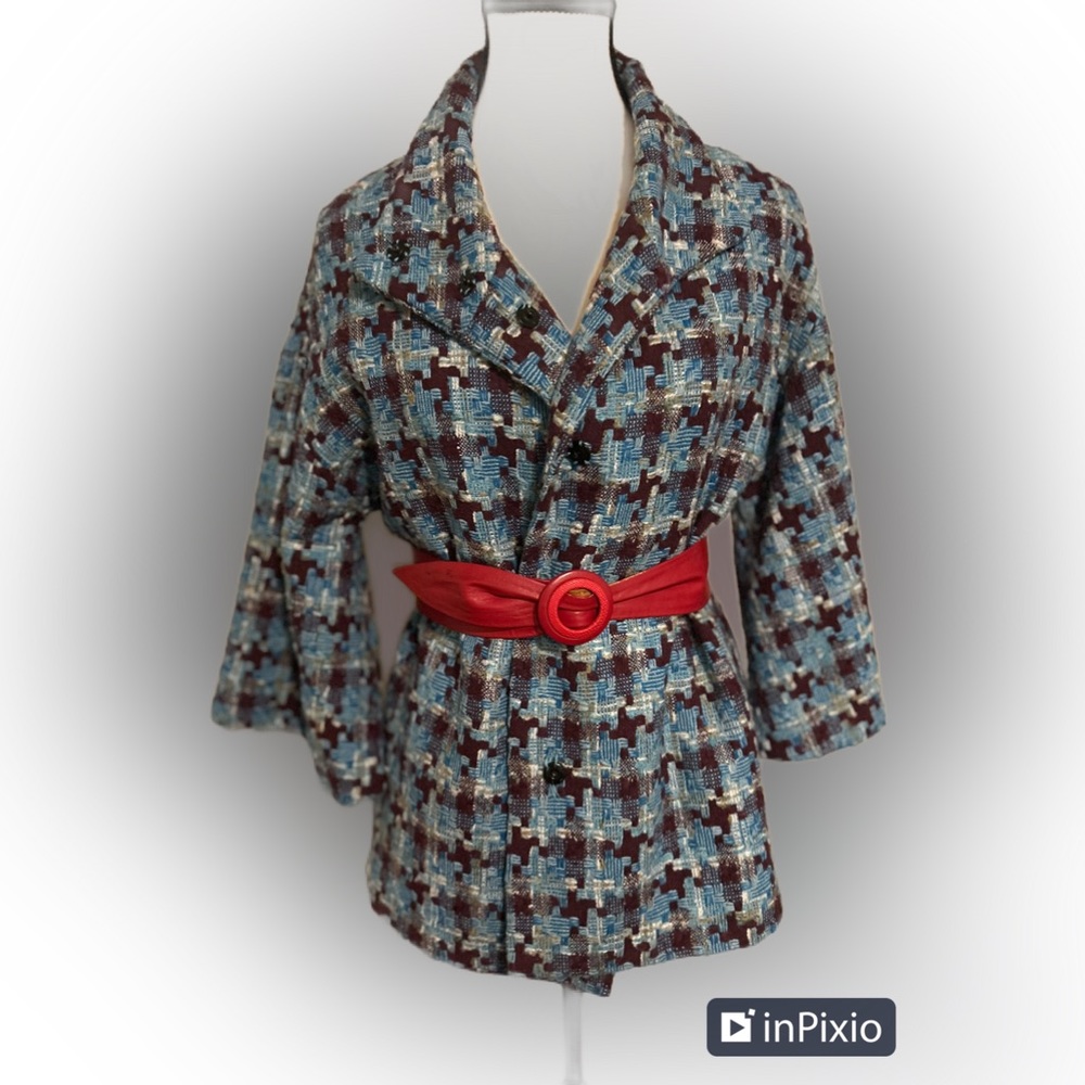 Vintage Tweed Textured  Blue & White Women’s Blazer Style Coat Medium Fit